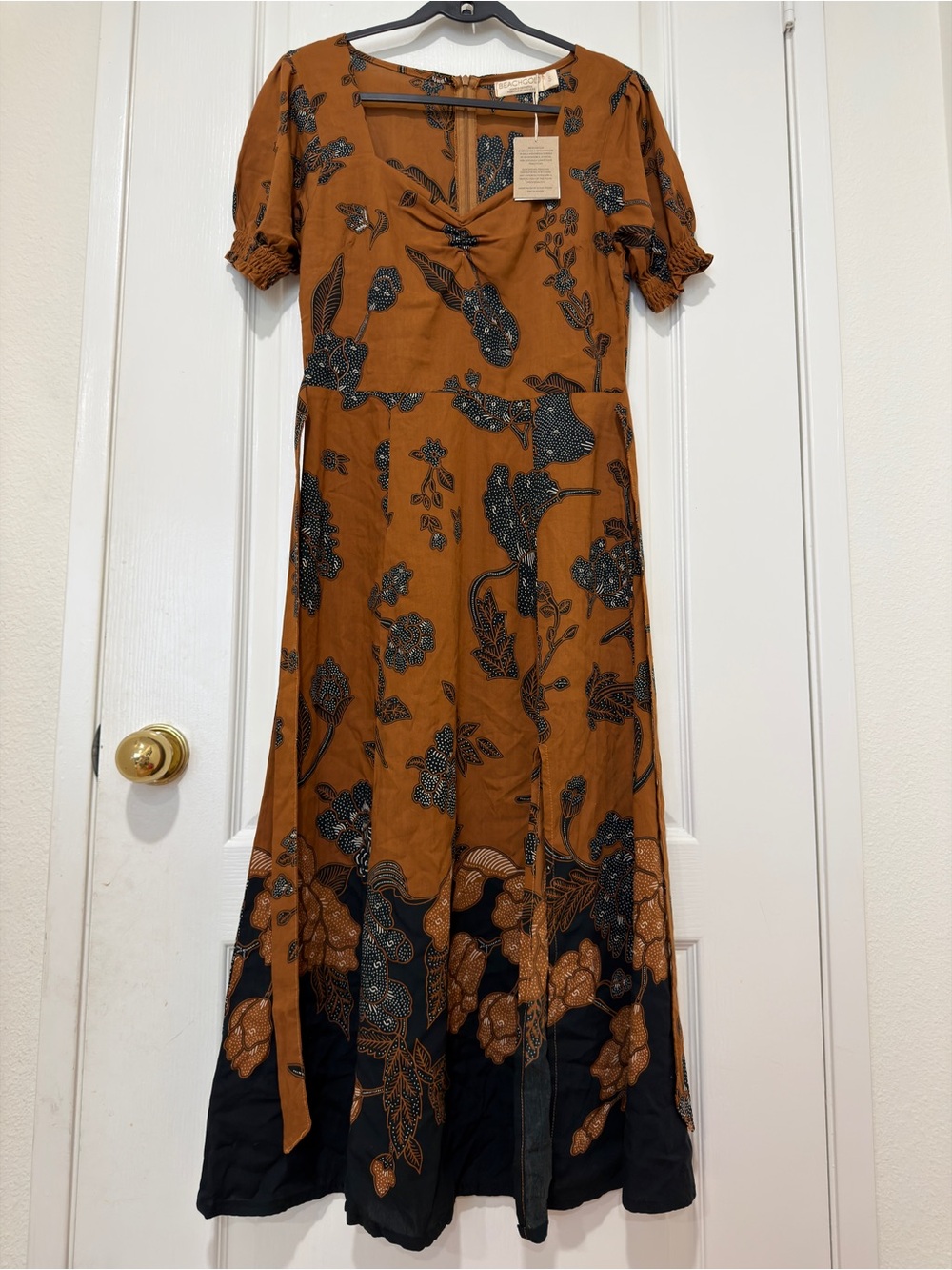 Beachgold Bali Handmade Floral Boho Maxi Dress Puff Sleeve Tie Size Small NWT